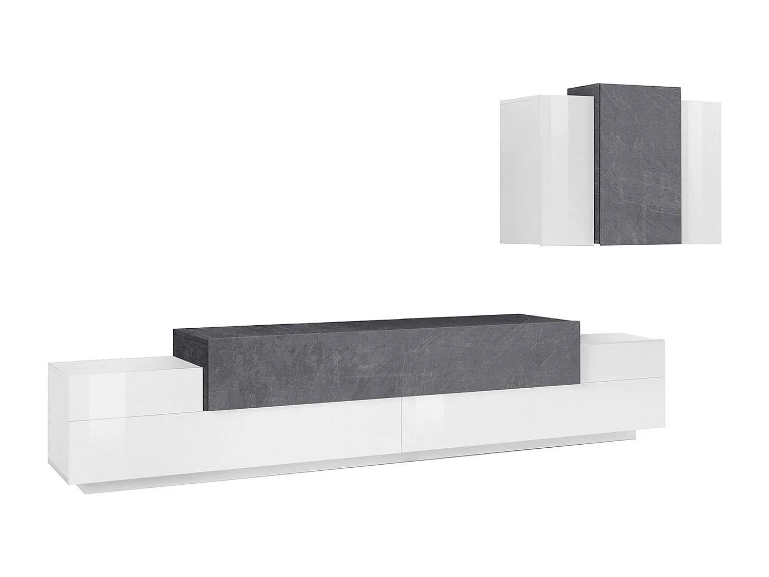 Unité murale Ruben, ensemble de salon meuble TV, meuble de salon polyvalent, 100% Made in Italy, 240x45h180 cm, blanc brillant et ardoise