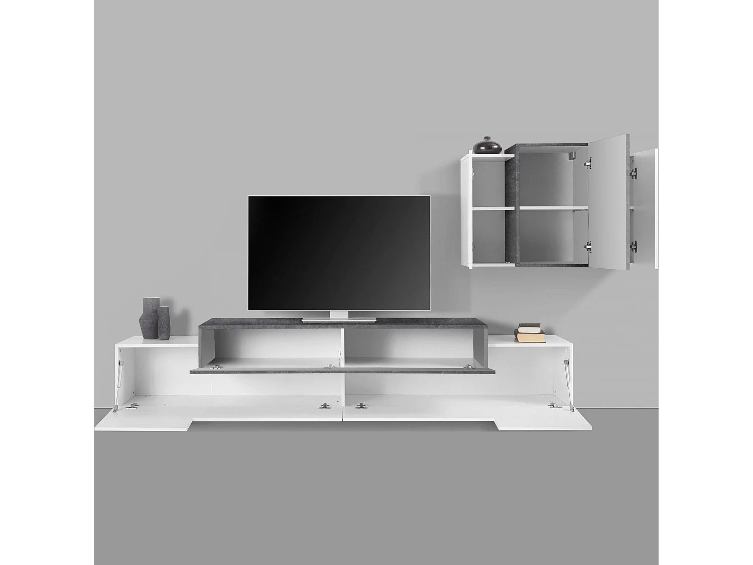 Unité murale Ruben, ensemble de salon meuble TV, meuble de salon polyvalent, 100% Made in Italy, 240x45h180 cm, blanc brillant et ardoise