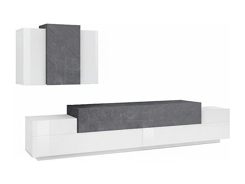 Unité murale Ruben, ensemble de salon meuble TV, meuble de salon polyvalent, 100% Made in Italy, 240x45h180 cm, blanc brillant et ardoise