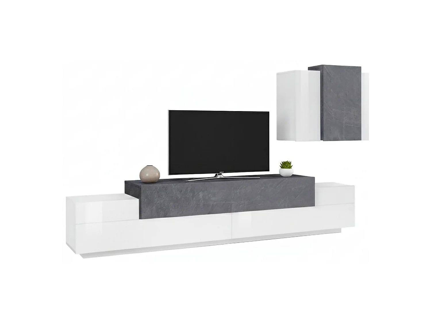 Unité murale Ruben, ensemble de salon meuble TV, meuble de salon polyvalent, 100% Made in Italy, 240x45h180 cm, blanc brillant et ardoise