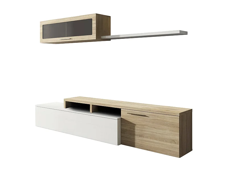Parete attrezzata Chino, Mobile soggiorno porta TV, Composizione salotto reversibile, Set salotto ad angolo, 200x41h44 cm, Rovere e Bianco lucido