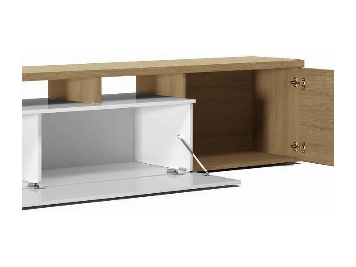 Ensemble mural Chino, meuble TV meuble de salon, Composition de salon réversible, Ensemble de salon d'angle, 200x41h44 cm, Chêne et Blanc Brillant