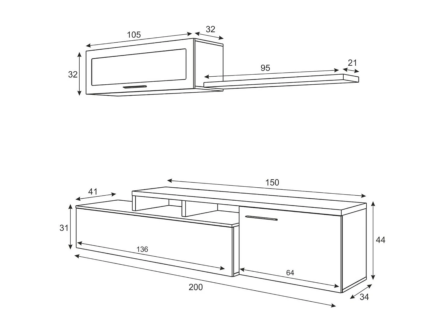 Ensemble mural Chino, meuble TV meuble de salon, Composition de salon réversible, Ensemble de salon d'angle, 200x41h44 cm, Chêne et Blanc Brillant