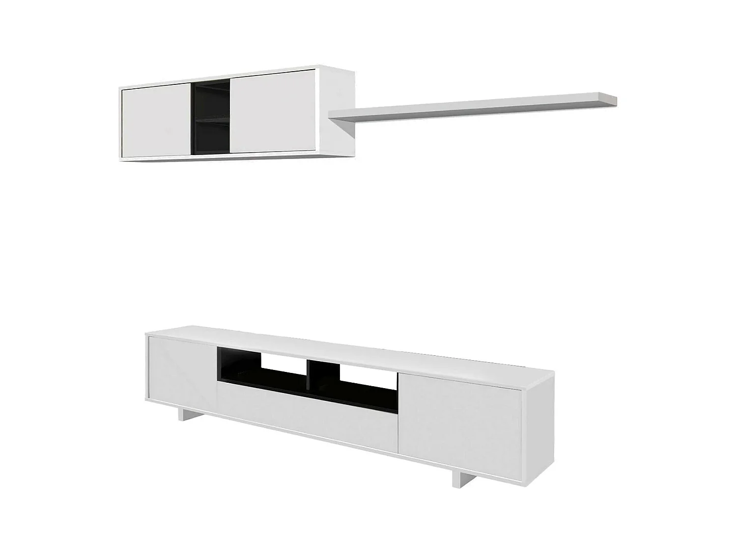 Hartford wandsysteem, TV-meubel woonkamermeubel, Samenstelling woonkamerset, Woonkamerset met wandmeubel, 200x41h46 cm, Glanzend wit