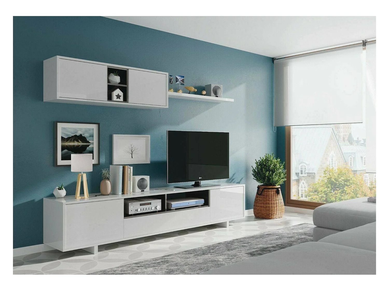 Système mural Hartford, meuble TV, composition d'ensemble de salon, ensemble de salon avec unité murale, 200x41h46 cm, blanc brillant