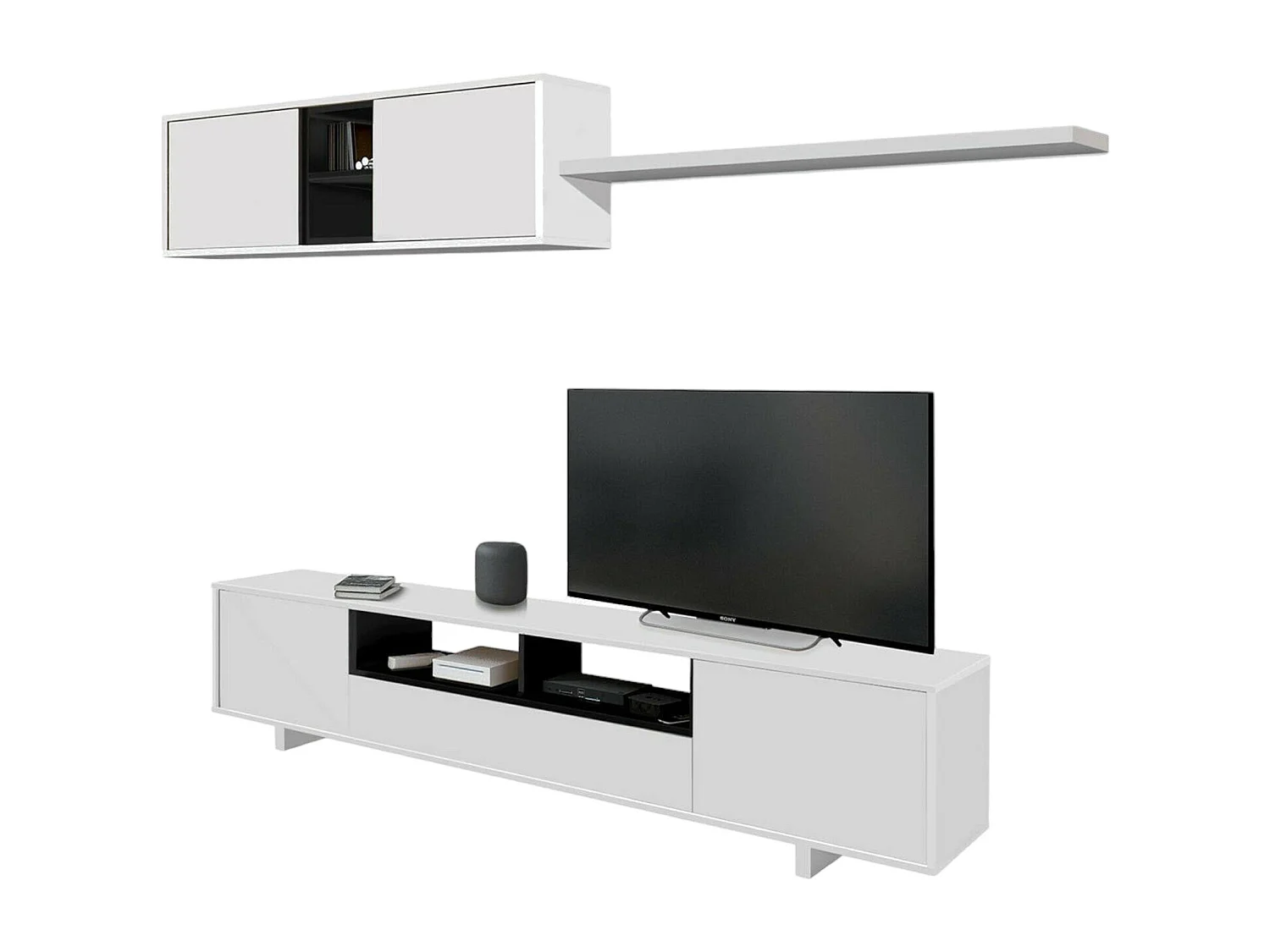 Parete attrezzata Hartford, Mobile da soggiorno porta TV, Composizione set salotto, Set salotto con pensile, 200x41h46 cm, Bianco lucido