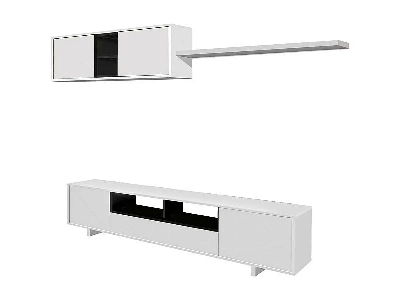 Paroi aménagée Hartford, Meuble télé pour le salon, Composition d'ensemble de salon, Ensemble de salon avec meuble haut, 260x41h46 cm, Blanc brillant