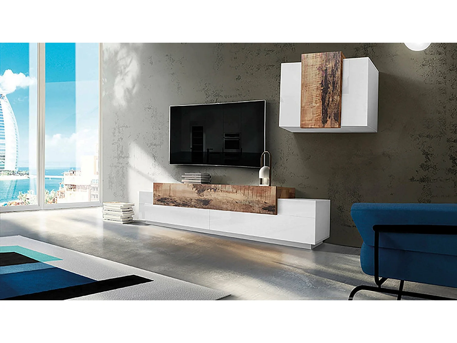 Système mural Ruben, ensemble de salon meuble TV, meuble de salon polyvalent, 100% Made in Italy, 240x45h180 cm, blanc brillant et érable