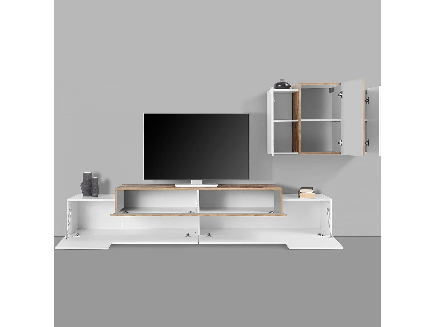 Système mural Ruben, ensemble de salon meuble TV, meuble de salon polyvalent, 100% Made in Italy, 240x45h180 cm, blanc brillant et érable
