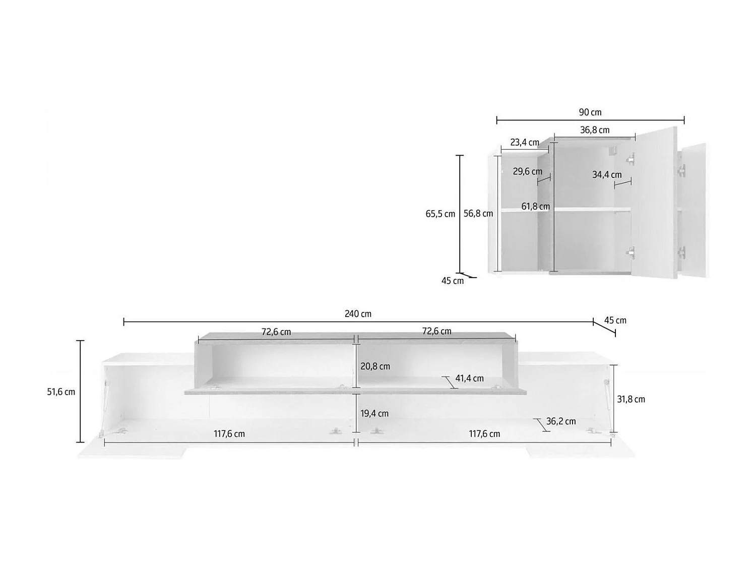Dmora Wandkast Ruben 45x240x180h cm Glanzend Wit, 11 Verstelbare Planken, 6 Deuren, Made in Italy
