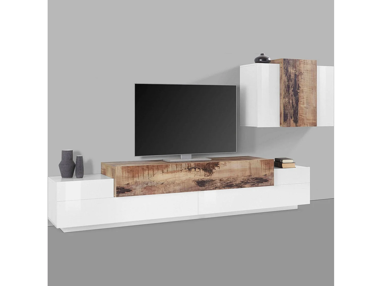 Dmora Wandkast Ruben 45x240x180h cm Glanzend Wit, 11 Verstelbare Planken, 6 Deuren, Made in Italy