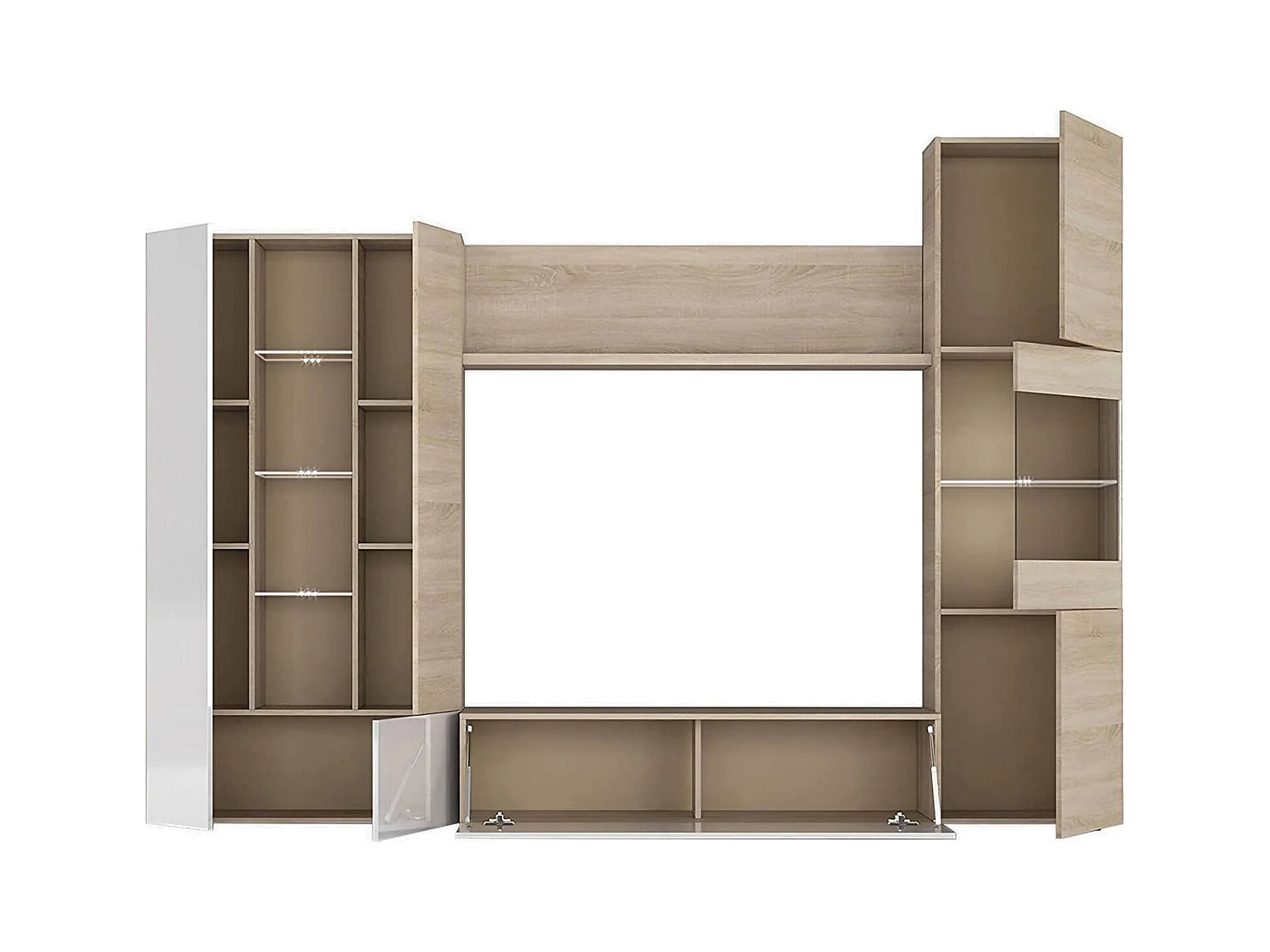 Sistema de pared Raleigh, Mueble de salón con soporte para TV modular, Composición de salón con muebles altos, vitrinas y luz LED, 260x42h185 cm, Roble y Blanco