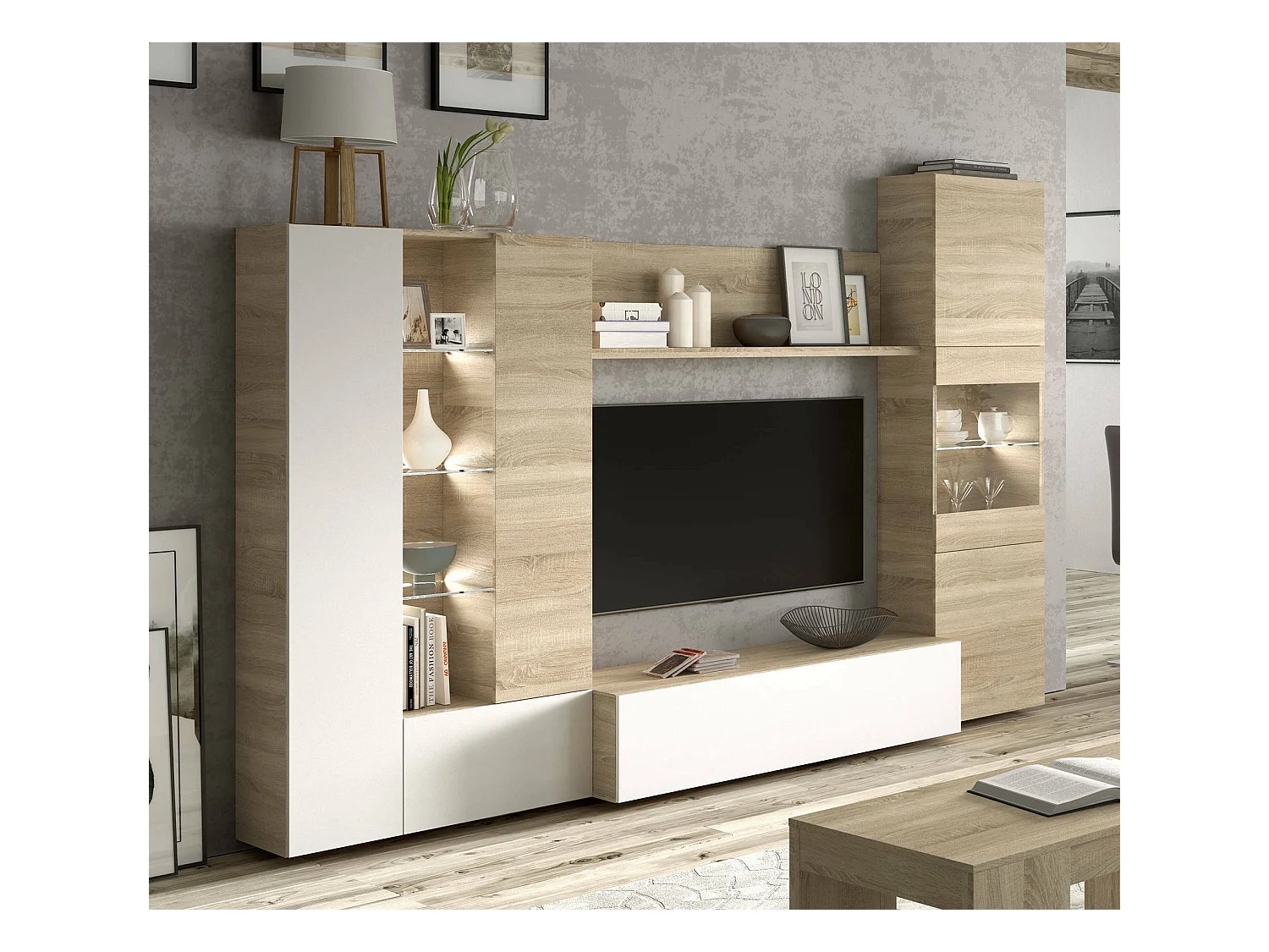Sistema de pared Raleigh, Mueble de salón con soporte para TV modular, Composición de salón con muebles altos, vitrinas y luz LED, 260x42h185 cm, Roble y Blanco