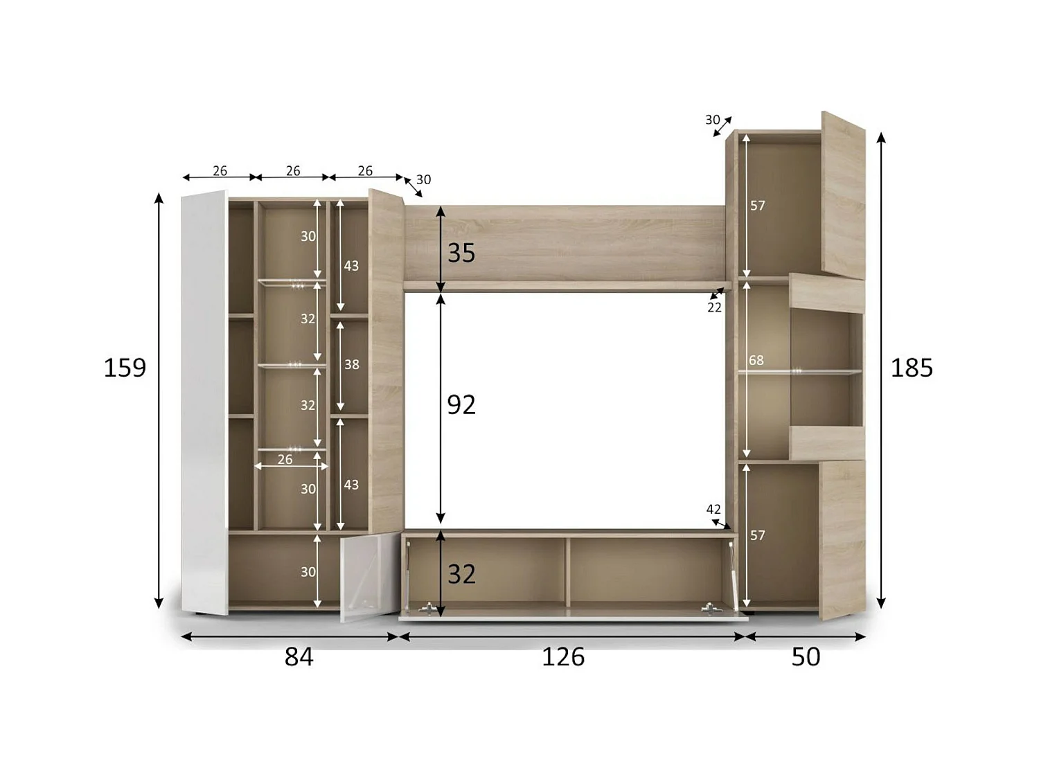 Sistema de pared Raleigh, Mueble de salón con soporte para TV modular, Composición de salón con muebles altos, vitrinas y luz LED, 260x42h185 cm, Roble y Blanco