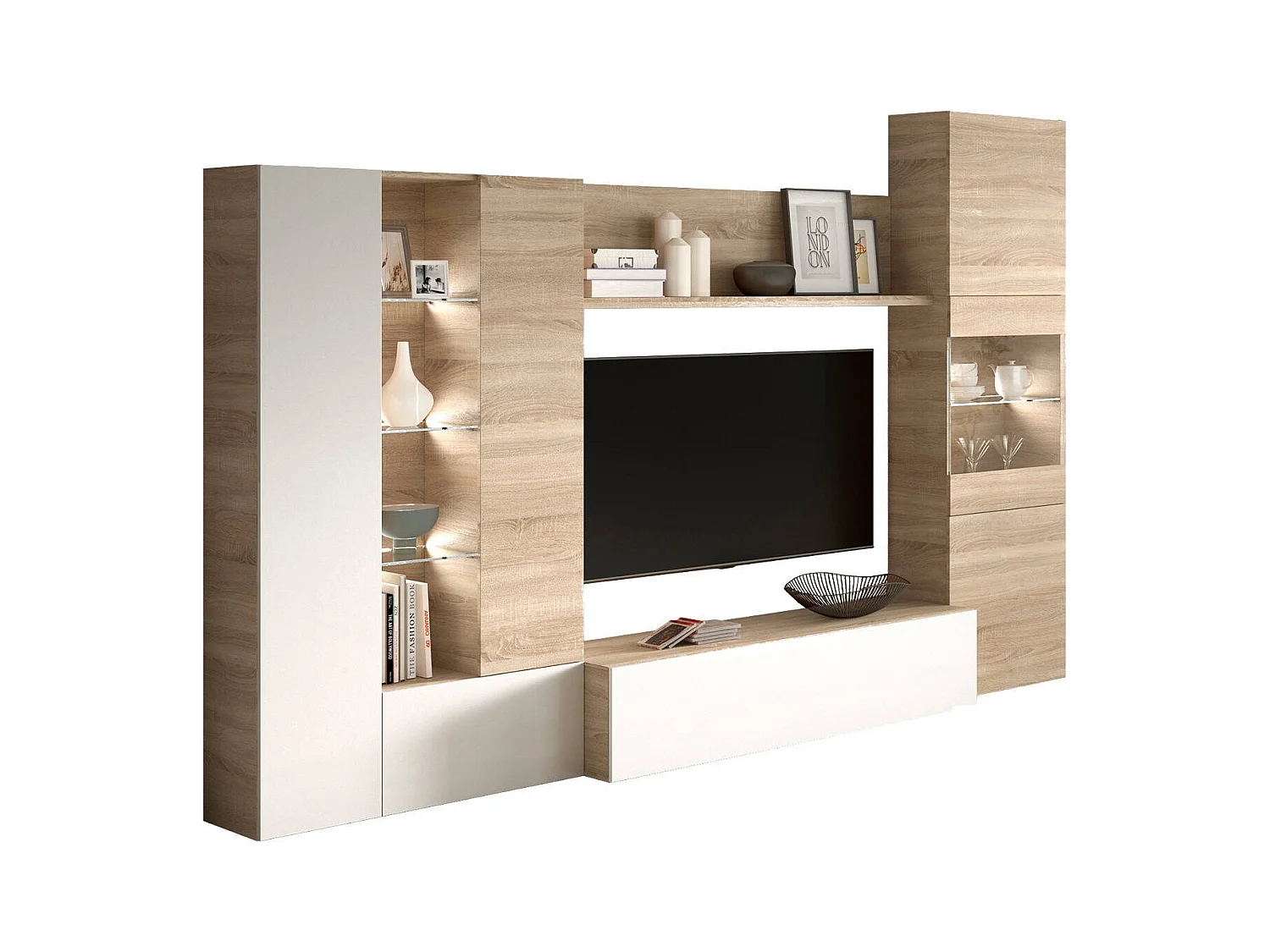 Sistema de pared Raleigh, Mueble de salón con soporte para TV modular, Composición de salón con muebles altos, vitrinas y luz LED, 260x42h185 cm, Roble y Blanco