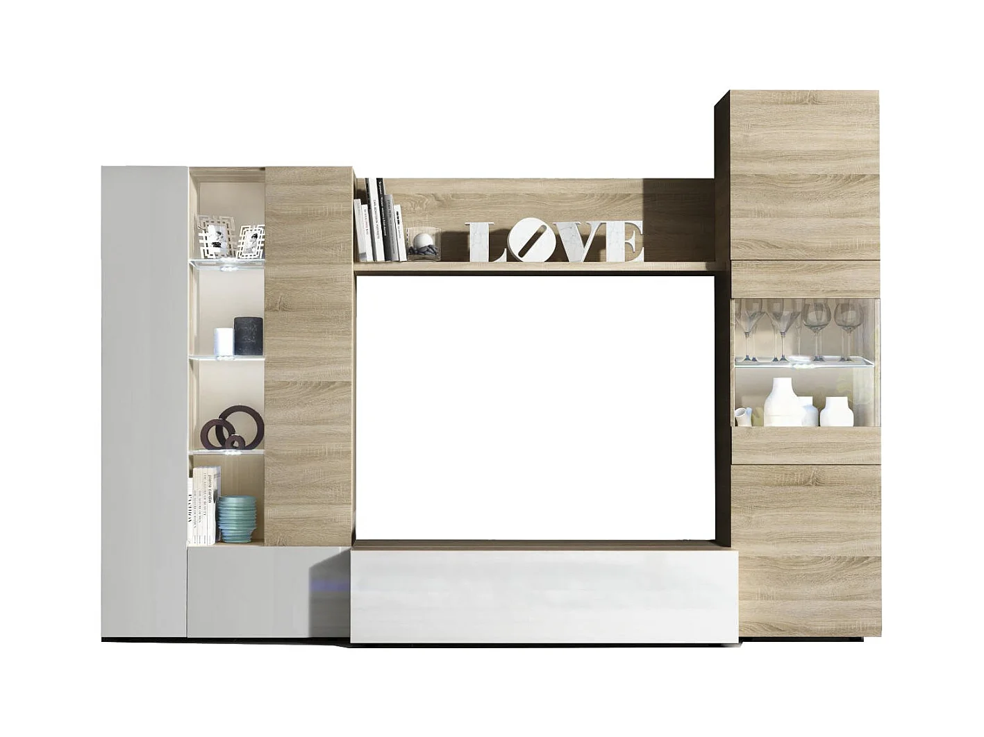 Sistema de pared Raleigh, Mueble de salón con soporte para TV modular, Composición de salón con muebles altos, vitrinas y luz LED, 260x42h185 cm, Roble y Blanco