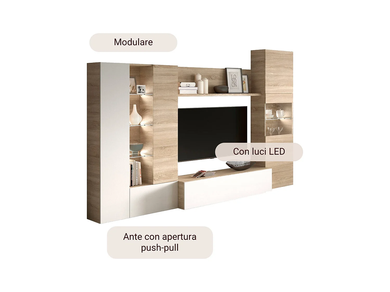 Sistema de pared Raleigh, Mueble de salón con soporte para TV modular, Composición de salón con muebles altos, vitrinas y luz LED, 260x42h185 cm, Roble y Blanco