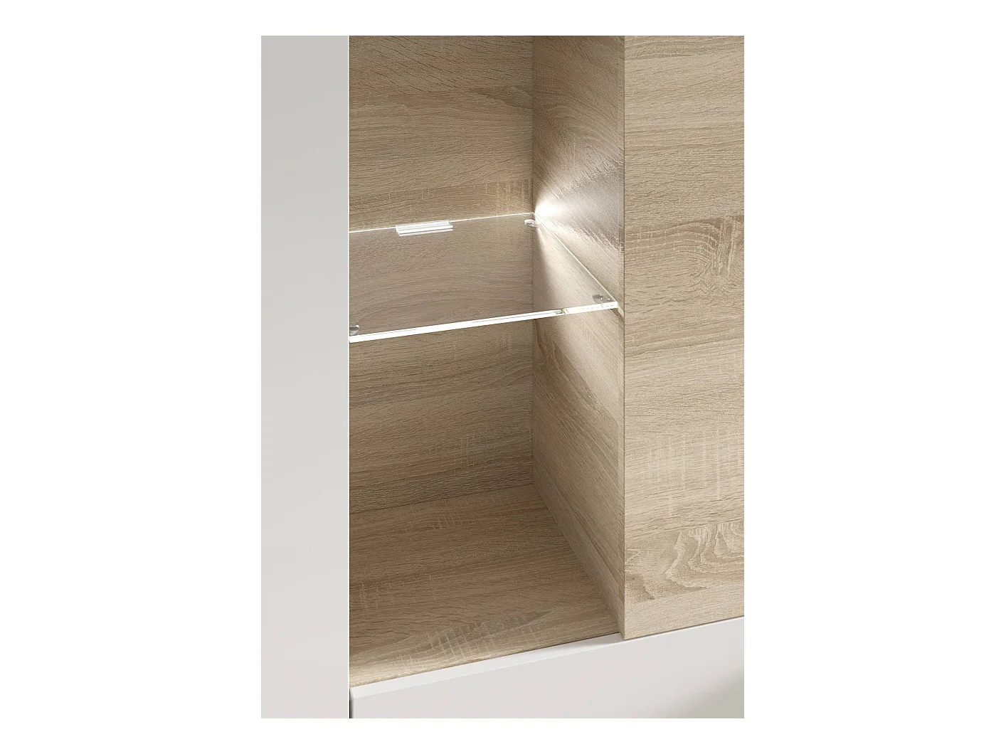 Sistema de pared Raleigh, Mueble de salón con soporte para TV modular, Composición de salón con muebles altos, vitrinas y luz LED, 260x42h185 cm, Roble y Blanco