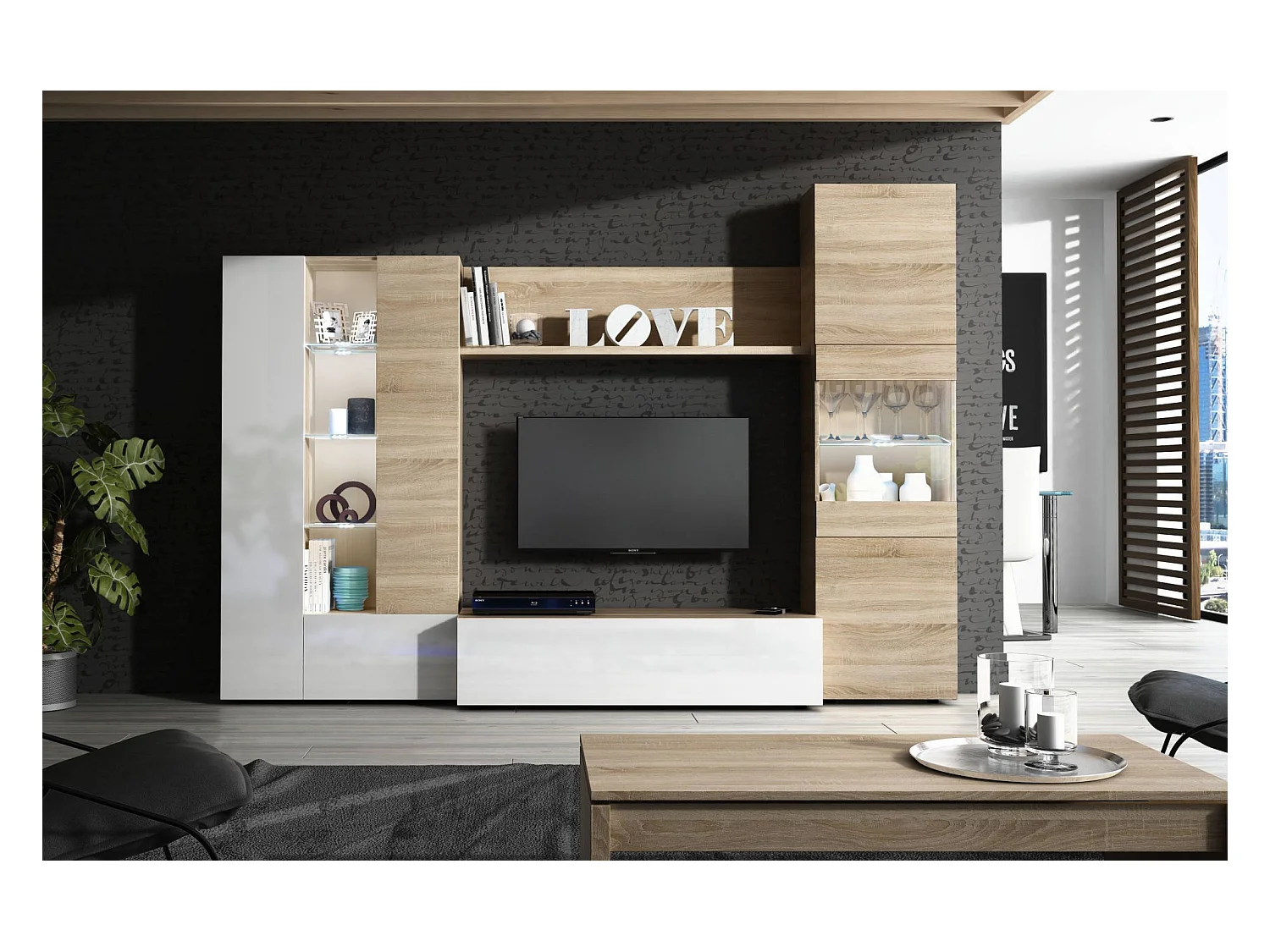 Sistema de pared Raleigh, Mueble de salón con soporte para TV modular, Composición de salón con muebles altos, vitrinas y luz LED, 260x42h185 cm, Roble y Blanco