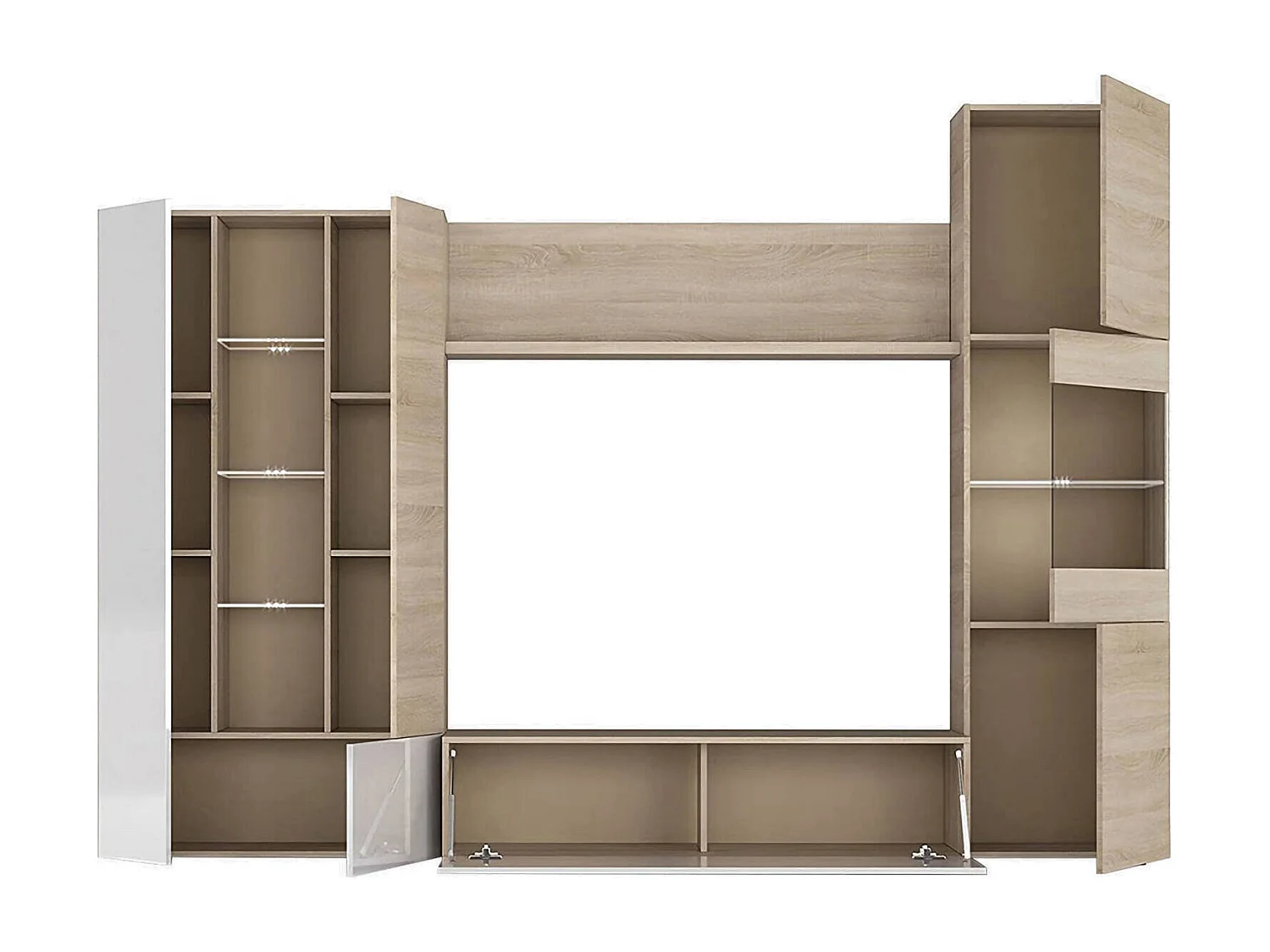 Système mural Raleigh, Meuble TV modulaire pour salon, Composition de salon avec éléments muraux et vitrines et lumière LED, 260x42h185 cm, Chêne et Blanc