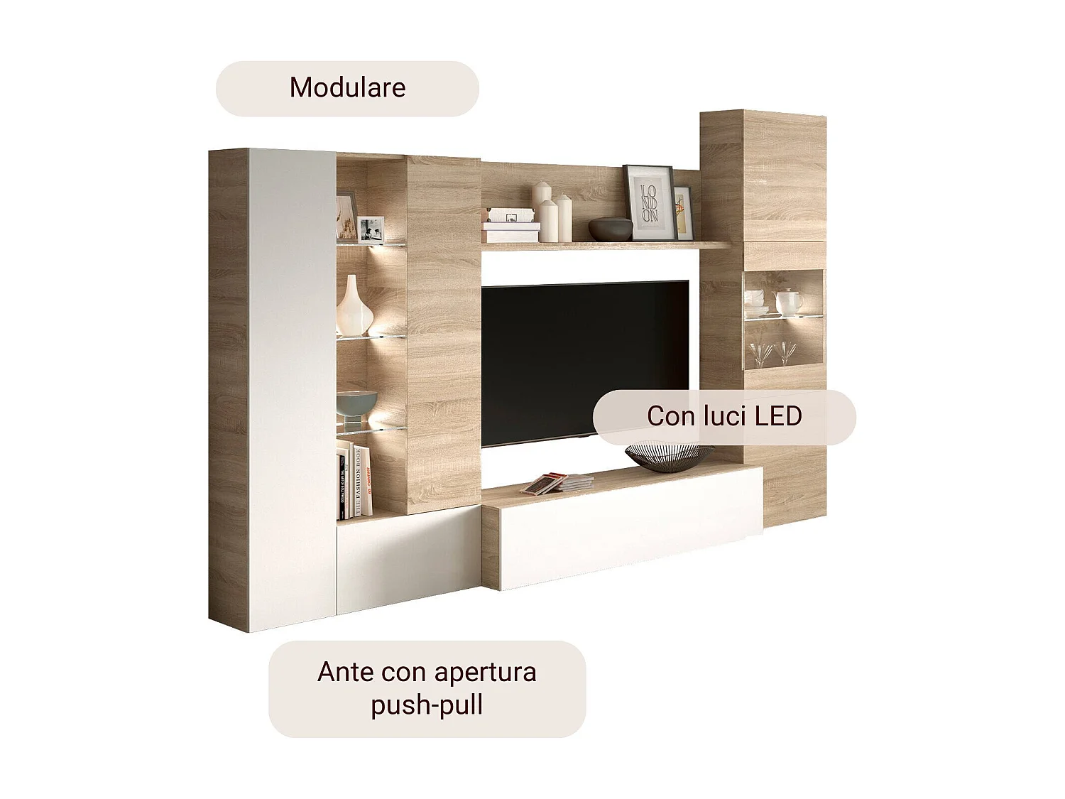 Raleigh wandsysteem, Modulair TV-meubel woonkamerkast, Woonkamercompositie met bovenkasten en vitrines en LED-licht, 260x42h185 cm, Eiken en Wit