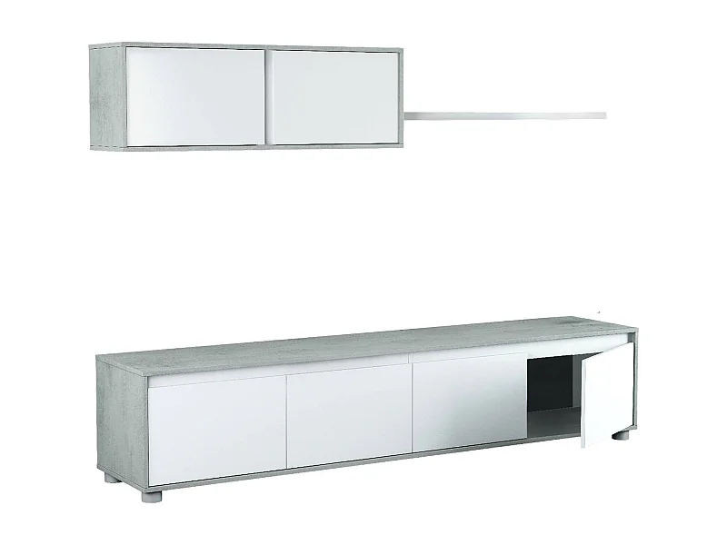 Savannah wandsysteem, TV-meubel woonkamermeubel, Samenstelling woonkamerset, Woonkamerset met wandmeubel, 200x41h43 cm, Wit en Cement