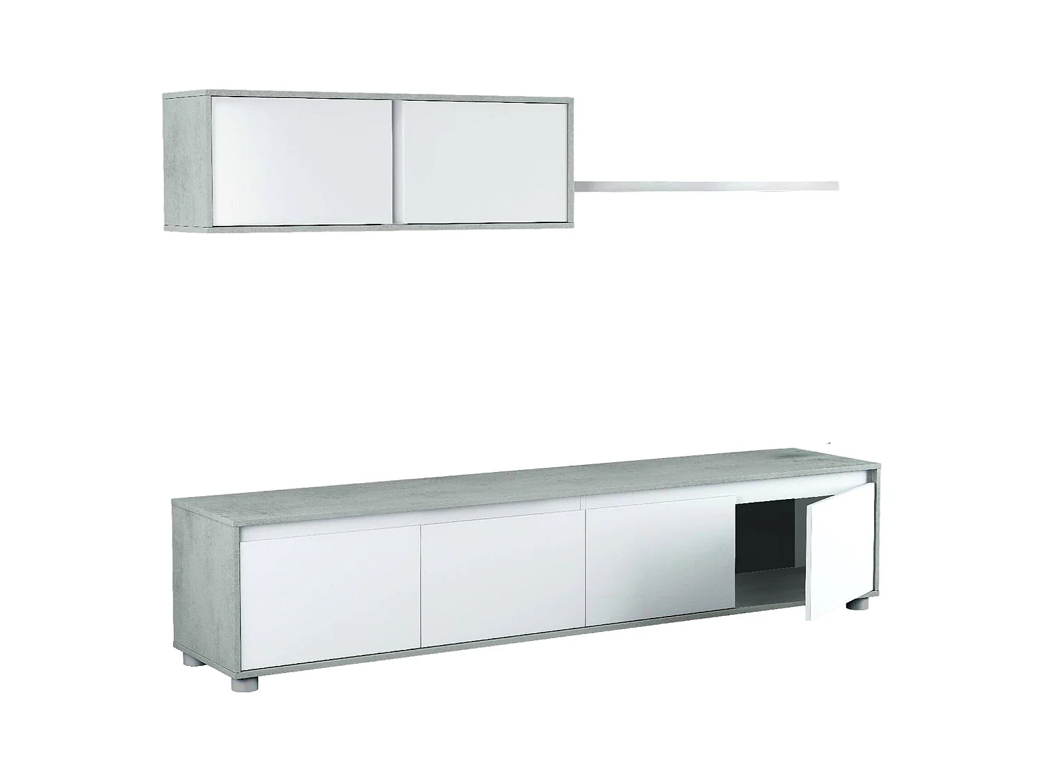 Einbaufertige Wand Savannah, TV-Ständer für Wohnzimmer, Zusammensetzung des Wohnzimmersets, Wohnzimmergarnitur mit Schrankwand, 200x41h43 cm, Weiß und Zement