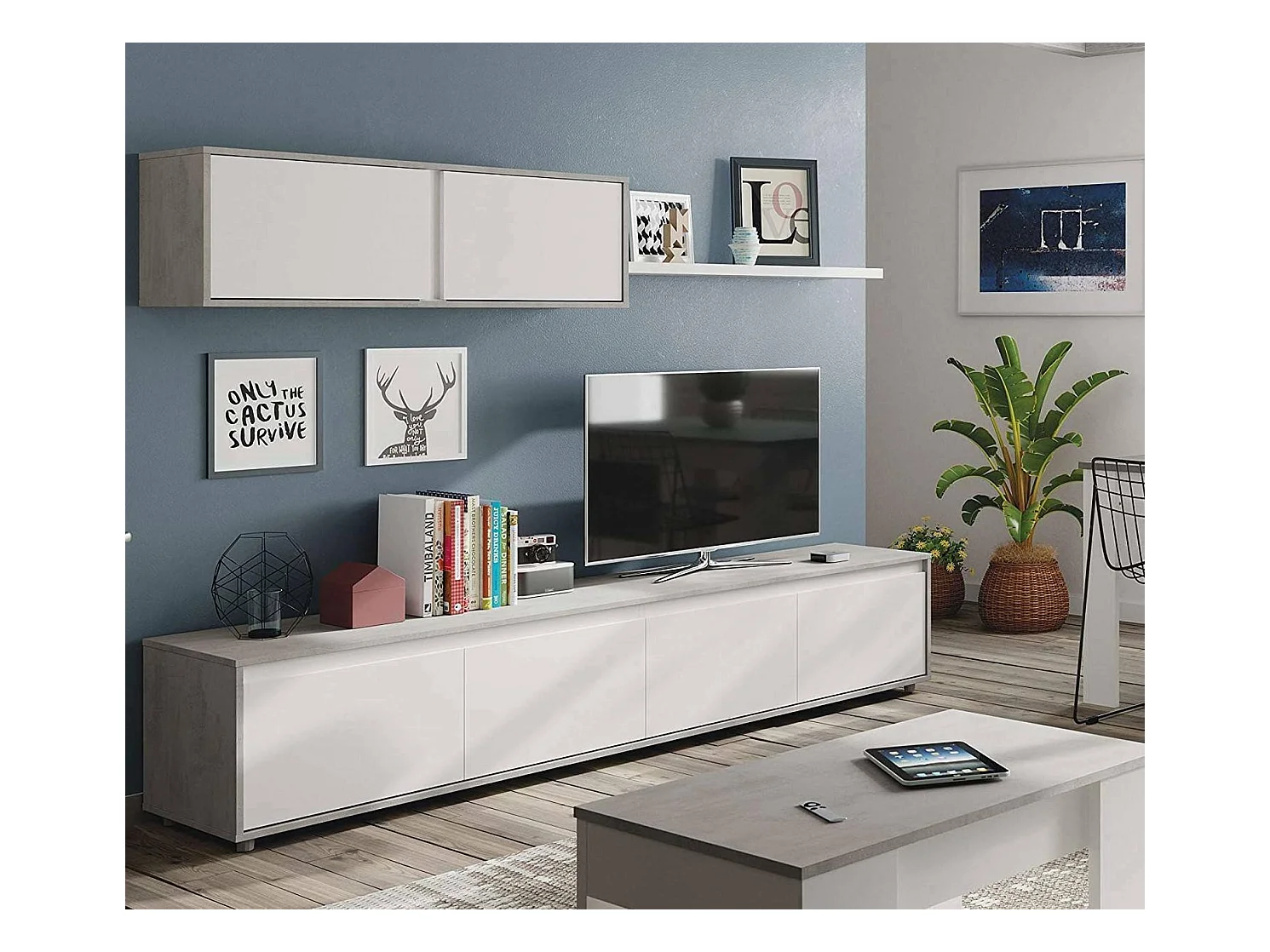 Système mural Savannah, meuble TV meuble de salon, Composition d'ensemble de salon, Ensemble de salon avec élément mural, 200x41h43 cm, Blanc et Ciment