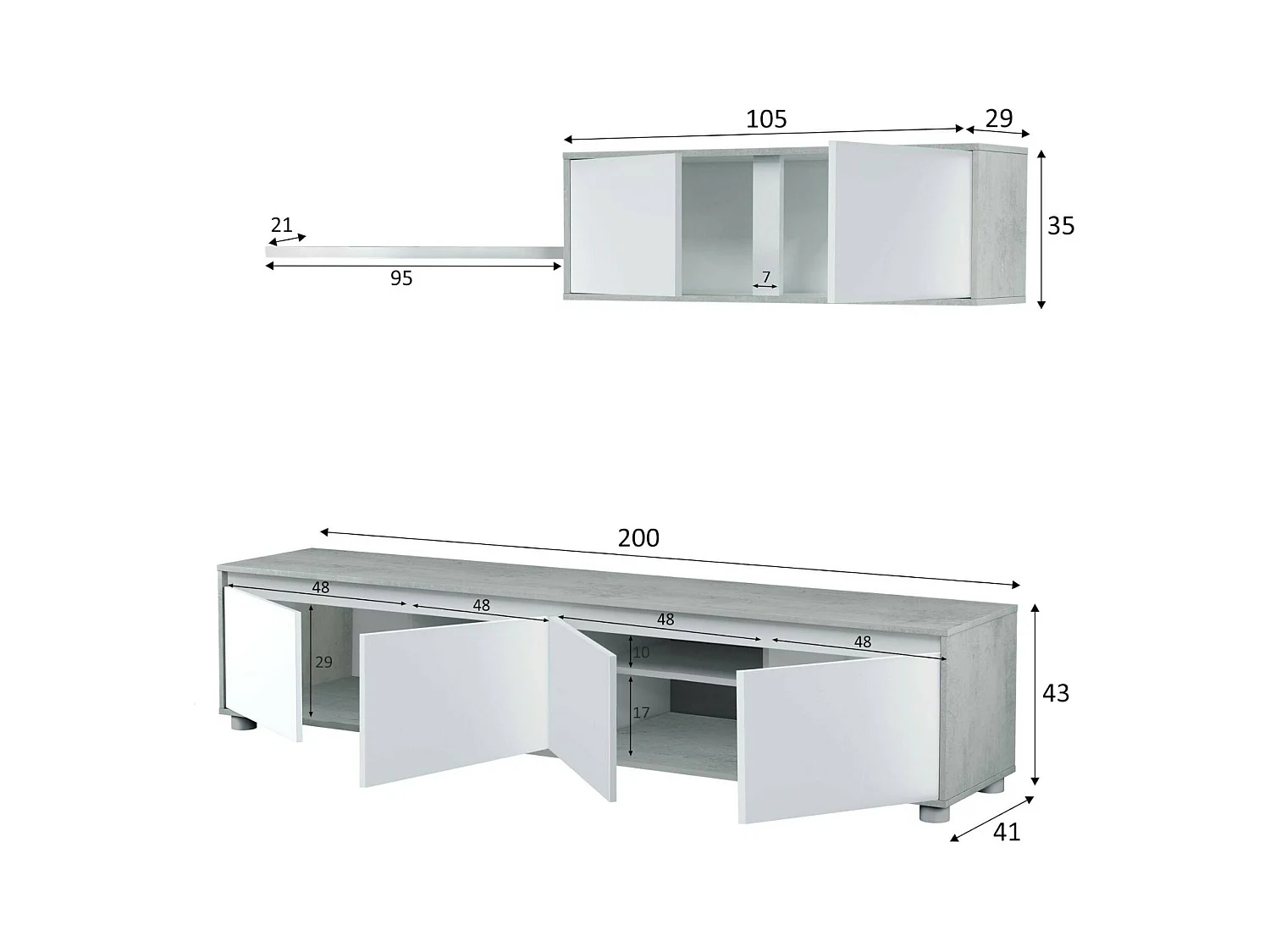 Système mural Savannah, meuble TV meuble de salon, Composition d'ensemble de salon, Ensemble de salon avec élément mural, 200x41h43 cm, Blanc et Ciment