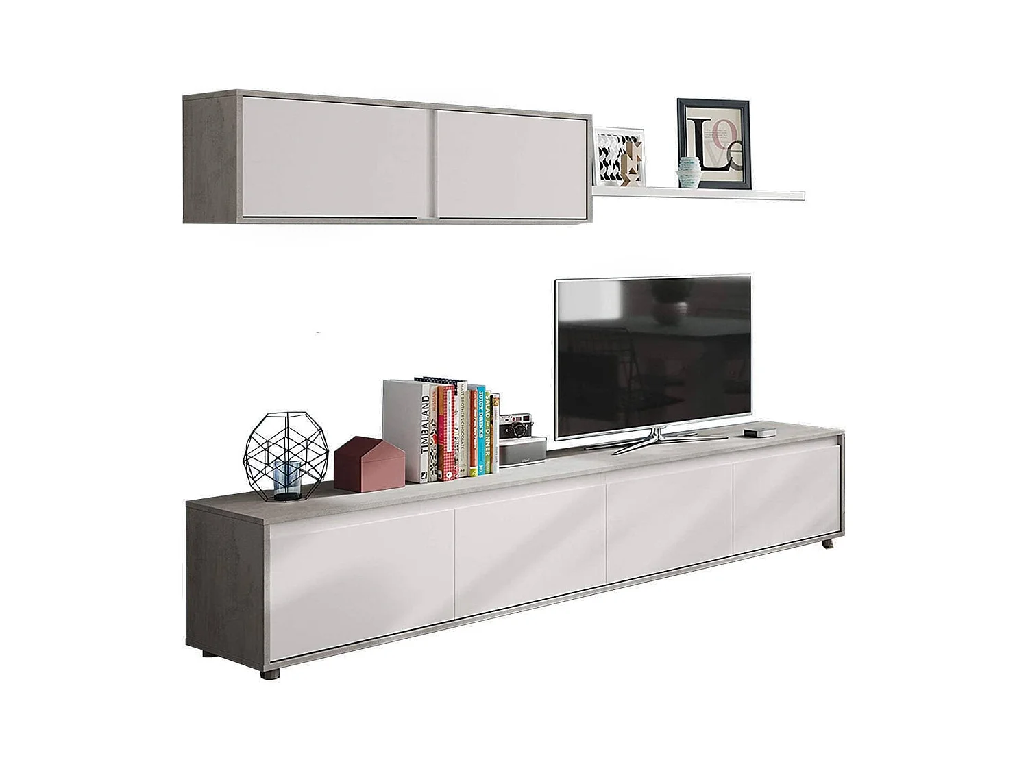 Système mural Savannah, meuble TV meuble de salon, Composition d'ensemble de salon, Ensemble de salon avec élément mural, 200x41h43 cm, Blanc et Ciment