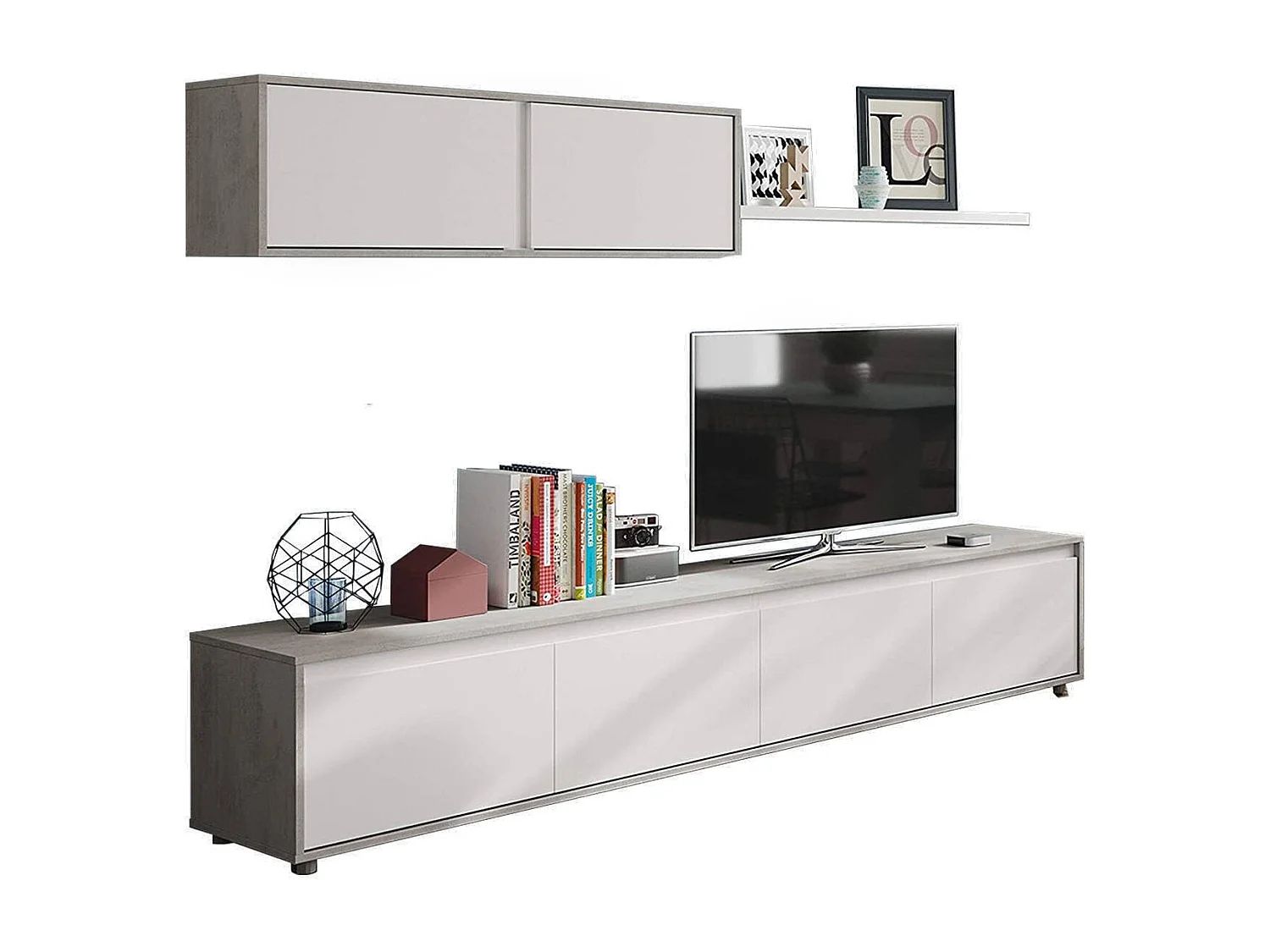 Système mural Savannah, meuble TV meuble de salon, Composition d'ensemble de salon, Ensemble de salon avec élément mural, 200x41h43 cm, Blanc et Ciment