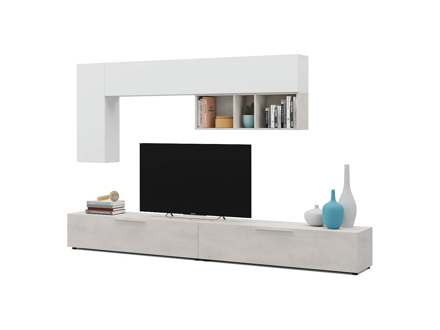 Dmora Wandmeubel Tulsa 42x130x32h cm Grijs Beton 5 Planken, Klepopening en Push-Pull, 4 Deuren