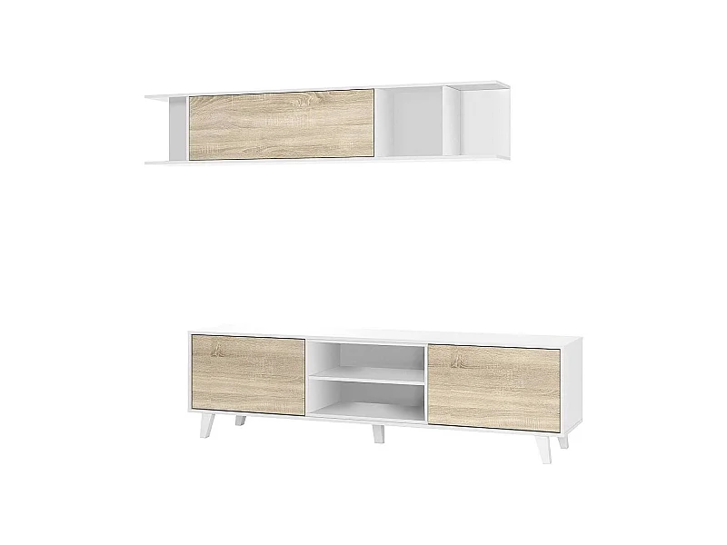 Système mural Buffalo, meuble TV, meuble de salon, composition de salon avec élément mural, 180x41h51 cm, blanc et chêne