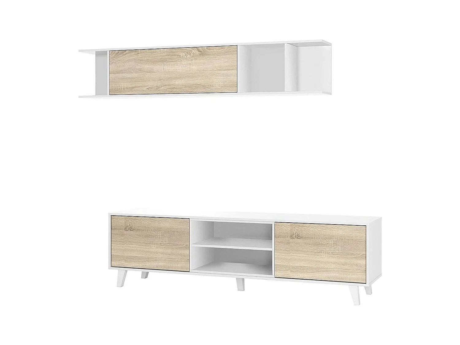 Buffalo wandsysteem, TV-meubel woonkamermeubel, Woonkamercompositie met wandmeubel, 180x41h51 cm, Wit en Eiken