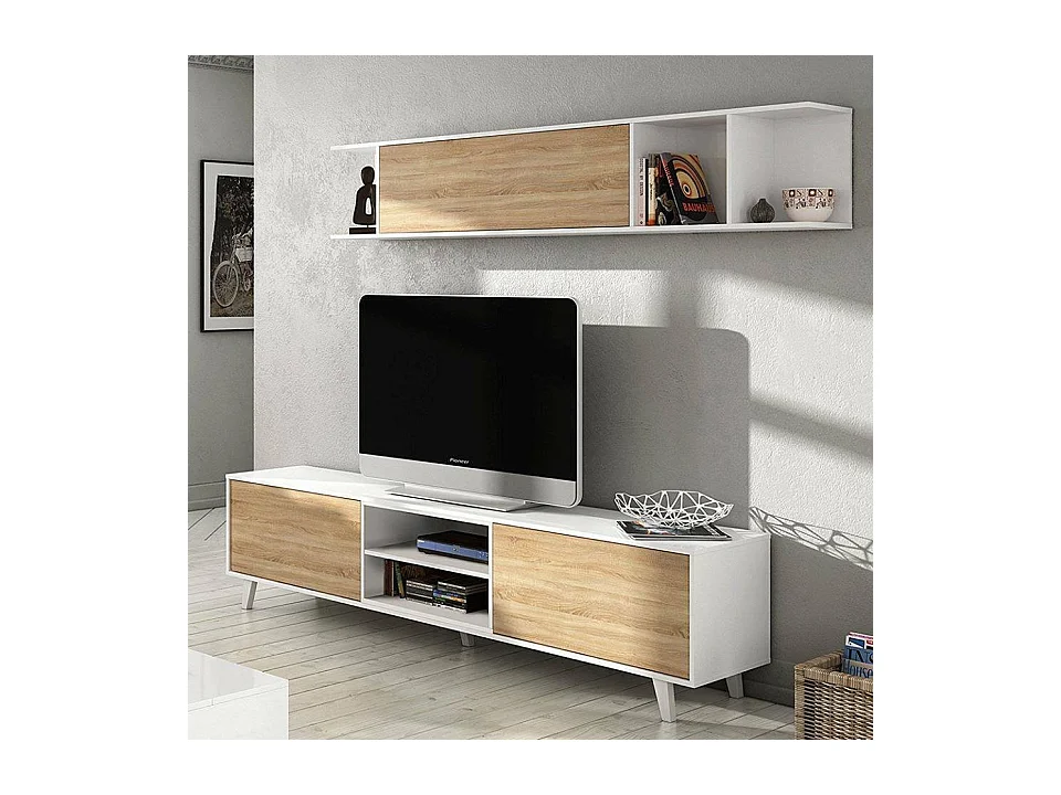 Buffalo wandsysteem, TV-meubel woonkamermeubel, Woonkamercompositie met wandmeubel, 180x41h51 cm, Wit en Eiken