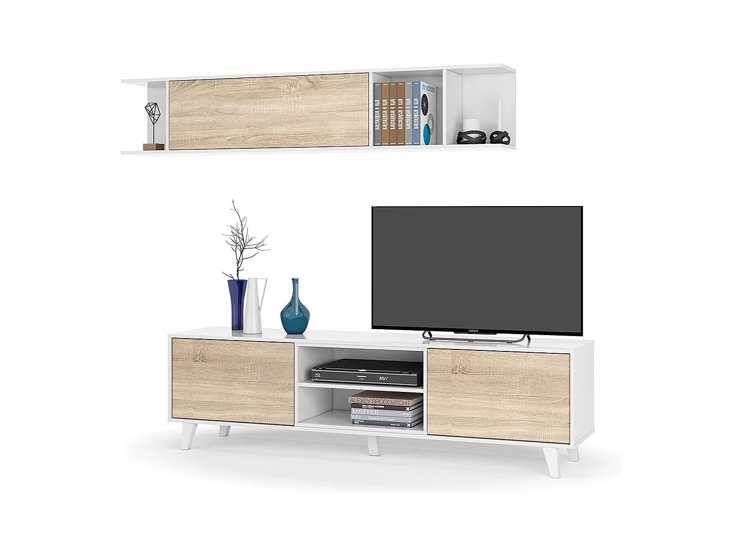 Buffalo wandsysteem, TV-meubel woonkamermeubel, Woonkamercompositie met wandmeubel, 180x41h51 cm, Wit en Eiken