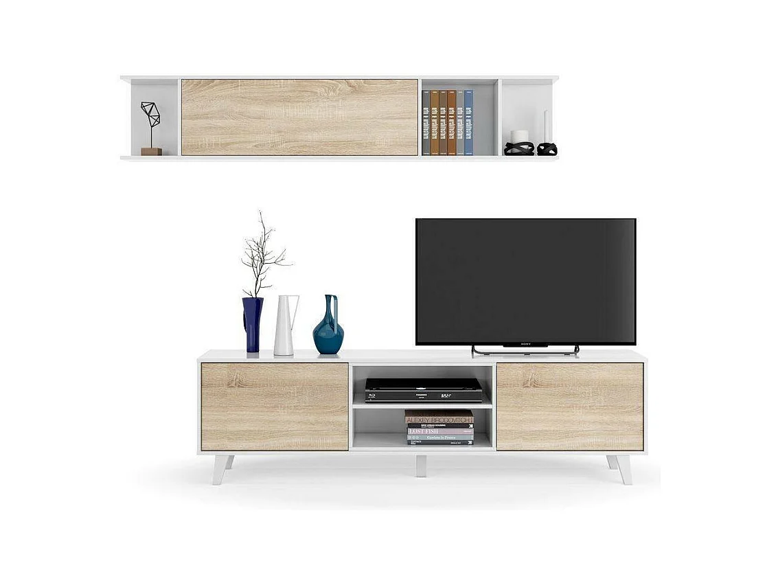 Buffalo wandsysteem, TV-meubel woonkamermeubel, Woonkamercompositie met wandmeubel, 180x41h51 cm, Wit en Eiken