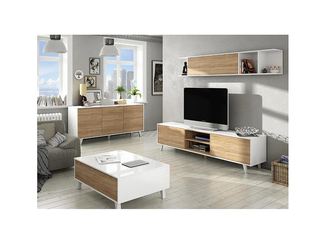 Système mural Buffalo, meuble TV, meuble de salon, composition de salon avec élément mural, 180x41h51 cm, blanc et chêne