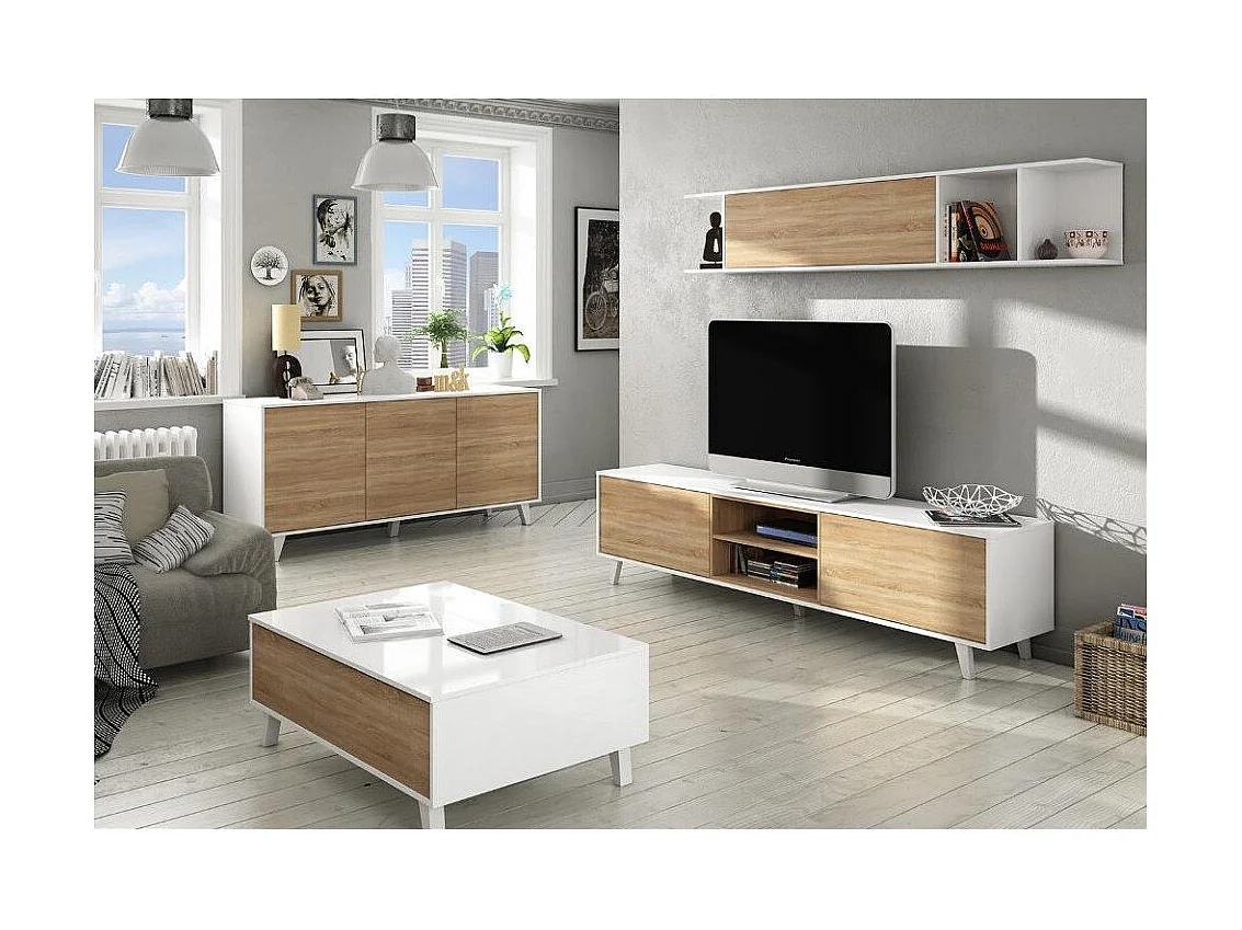 Système mural Buffalo, meuble TV, meuble de salon, composition de salon avec élément mural, 180x41h51 cm, blanc et chêne