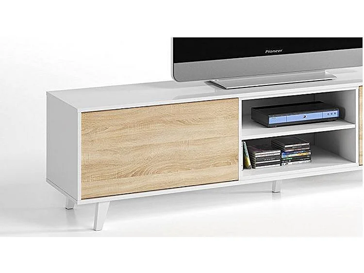 Système mural Buffalo, meuble TV, meuble de salon, composition de salon avec élément mural, 180x41h51 cm, blanc et chêne