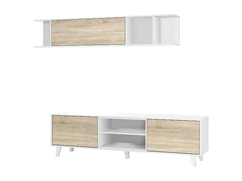 Système mural Buffalo, meuble TV, meuble de salon, composition de salon avec élément mural, 180x41h51 cm, blanc et chêne