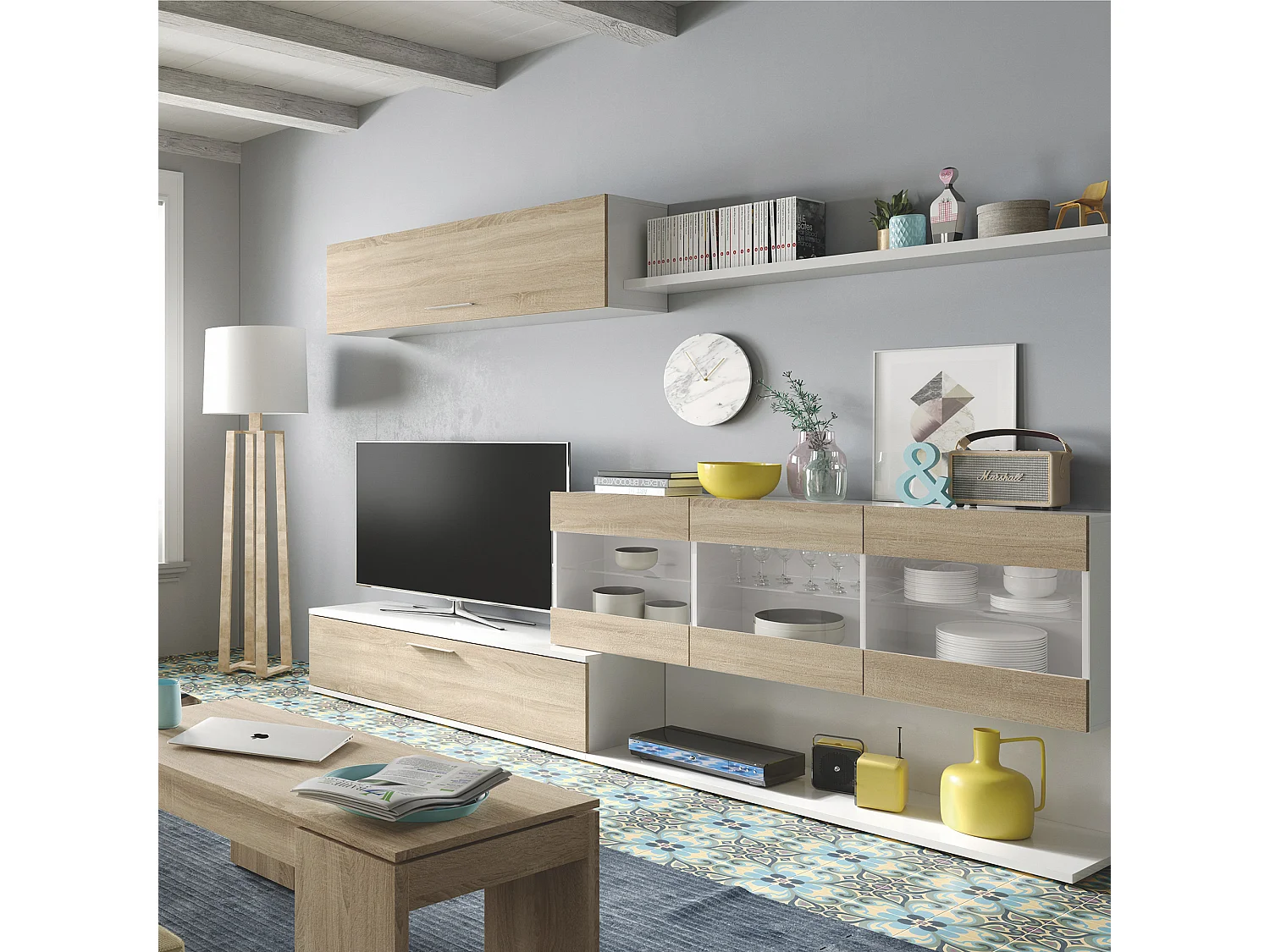 Paroi aménagée Manhattan, Meuble télé pour le salon, Composition d'ensemble de salon, Ensemble de salon avec vitrine, cm 260x41h84, Blanc brillant et Chêne