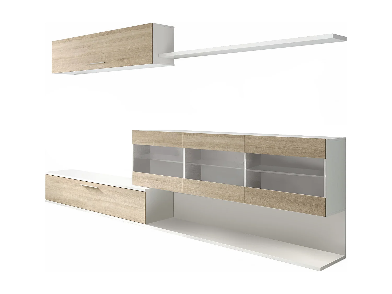 Paroi aménagée Manhattan, Meuble télé pour le salon, Composition d'ensemble de salon, Ensemble de salon avec vitrine, cm 260x41h84, Blanc brillant et Chêne