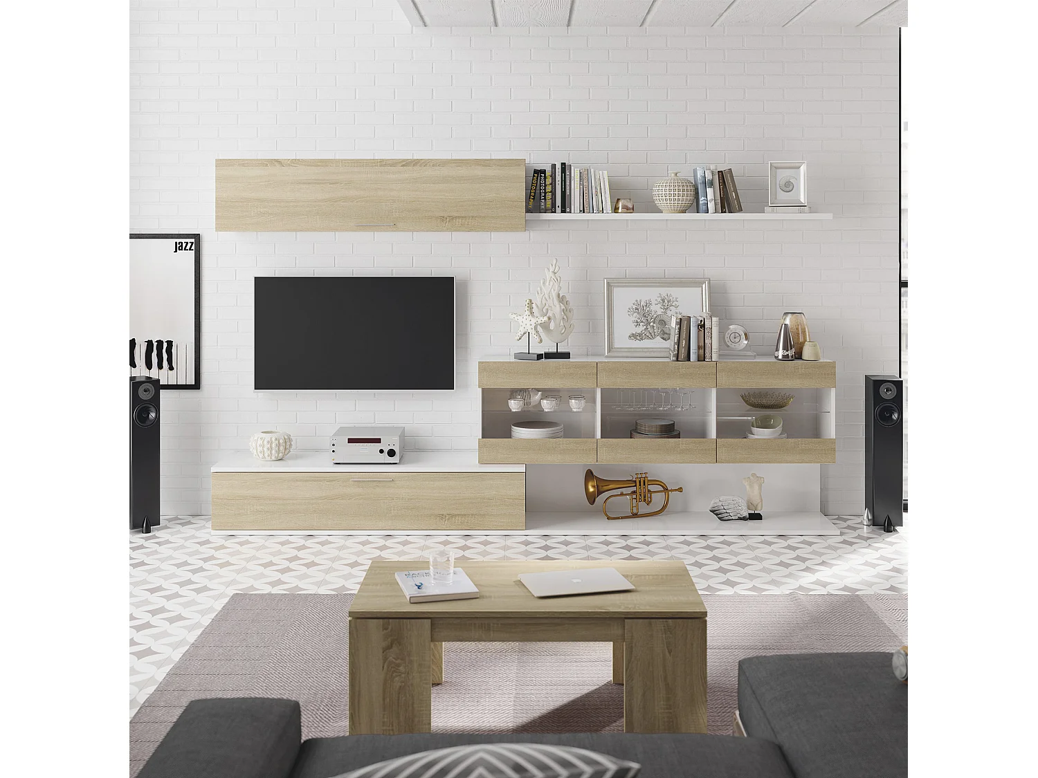 Paroi aménagée Manhattan, Meuble télé pour le salon, Composition d'ensemble de salon, Ensemble de salon avec vitrine, cm 260x41h84, Blanc brillant et Chêne