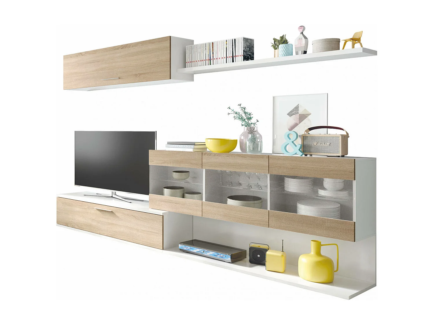 Paroi aménagée Manhattan, Meuble télé pour le salon, Composition d'ensemble de salon, Ensemble de salon avec vitrine, cm 260x41h84, Blanc brillant et Chêne