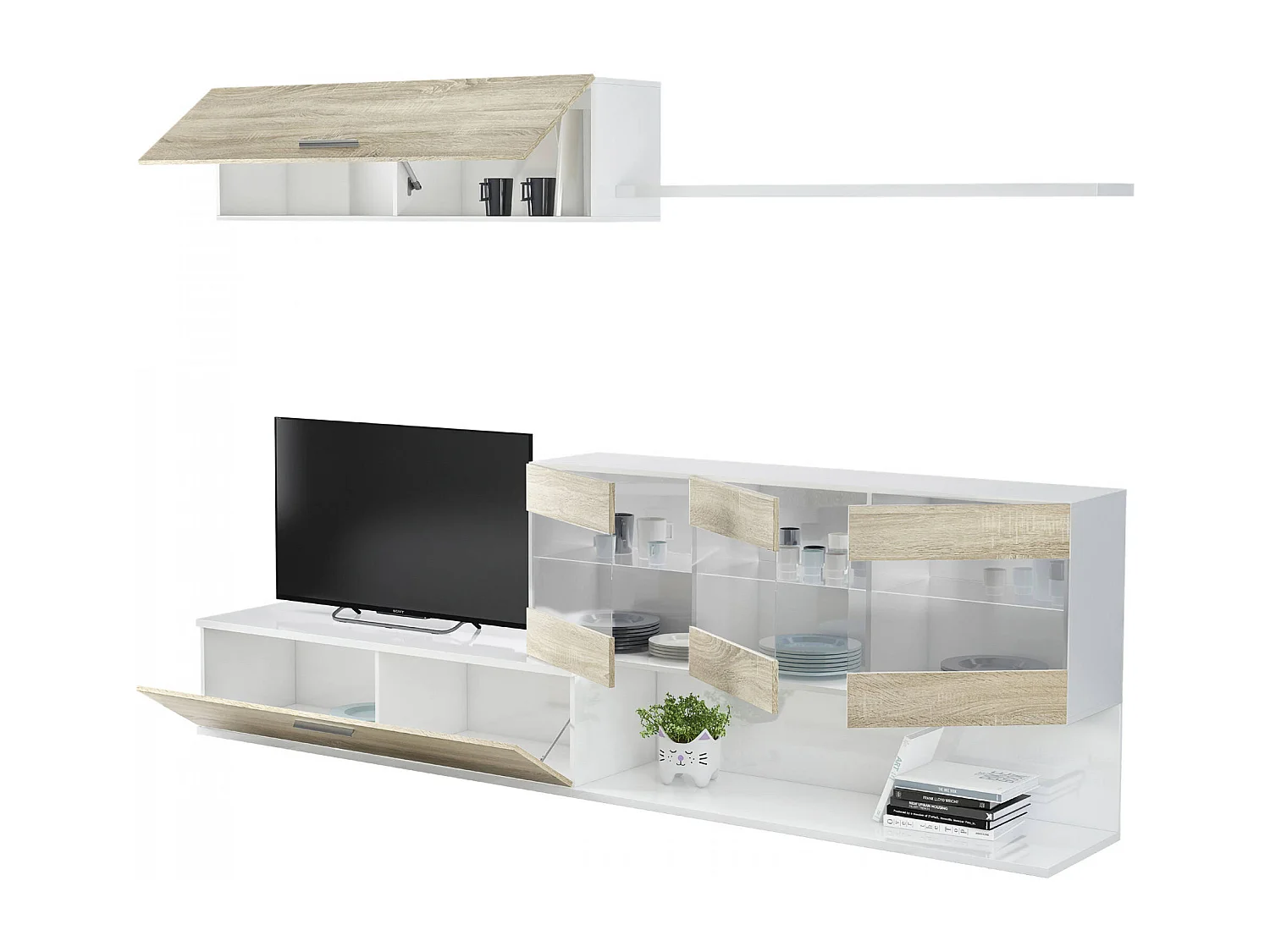 Paroi aménagée Manhattan, Meuble télé pour le salon, Composition d'ensemble de salon, Ensemble de salon avec vitrine, cm 260x41h84, Blanc brillant et Chêne