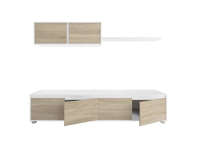 Système mural Savannah, meuble TV meuble de salon, composition d'ensemble de salon, ensemble de salon avec élément mural, 200x41h43 cm, blanc et chêne