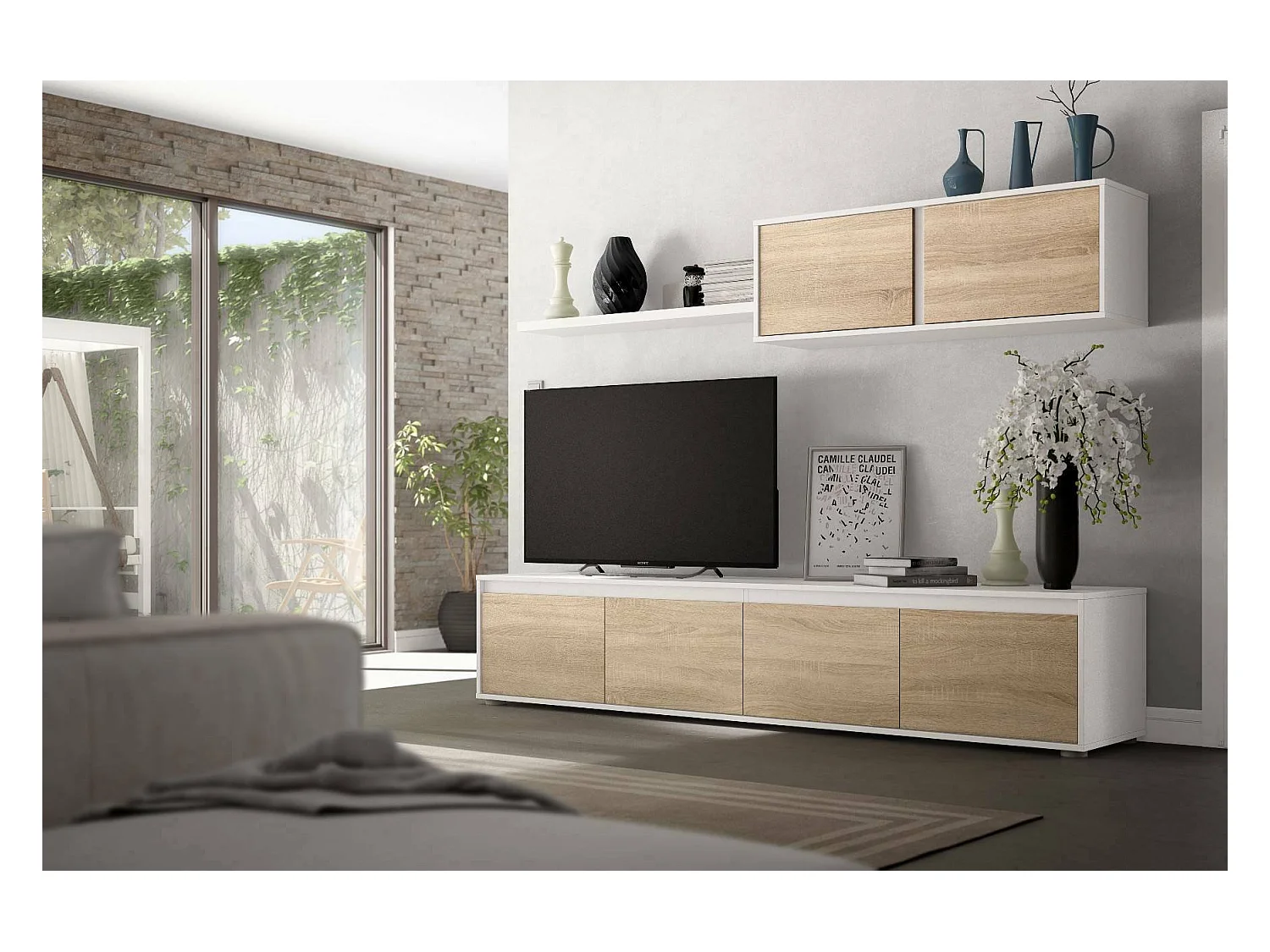 Savannah wandsysteem, TV-meubel woonkamermeubel, Samenstelling woonkamerset, Woonkamerset met wandmeubel, 200x41h43 cm, Wit en Eiken