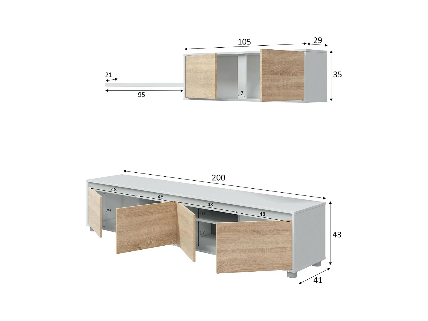 Savannah wandsysteem, TV-meubel woonkamermeubel, Samenstelling woonkamerset, Woonkamerset met wandmeubel, 200x41h43 cm, Wit en Eiken