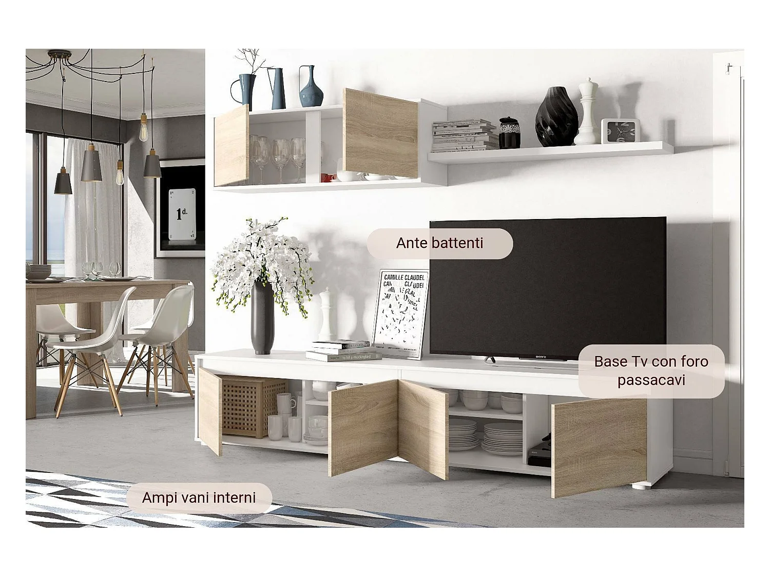 Savannah wandsysteem, TV-meubel woonkamermeubel, Samenstelling woonkamerset, Woonkamerset met wandmeubel, 200x41h43 cm, Wit en Eiken